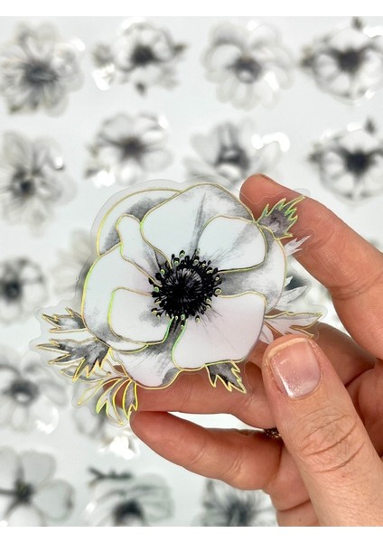Florescence Altın Yaldızlı Siyah-Beyaz Özel Tasarım Anemon Çiçeği Sticker Seti/20 Adet/etiket/çıkartma fırsatları