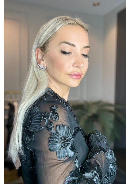 Siyah Çicek Detaylı Kolları Transparan Kadın Alt Üst Takım fiyatları