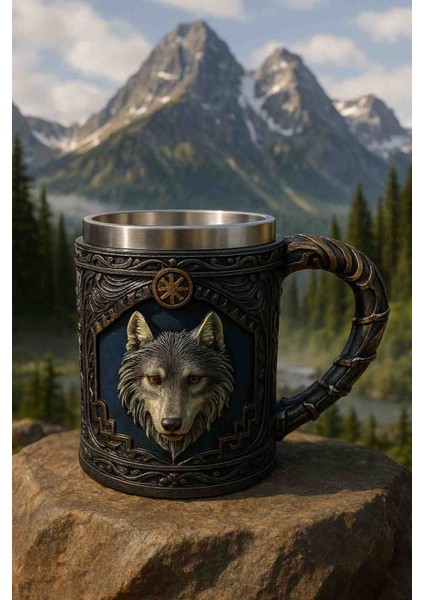 Kamp Doğa Paslanmaz Çelik Büyük Boy Kulplu Kurt Tasarım Kupa Bardak