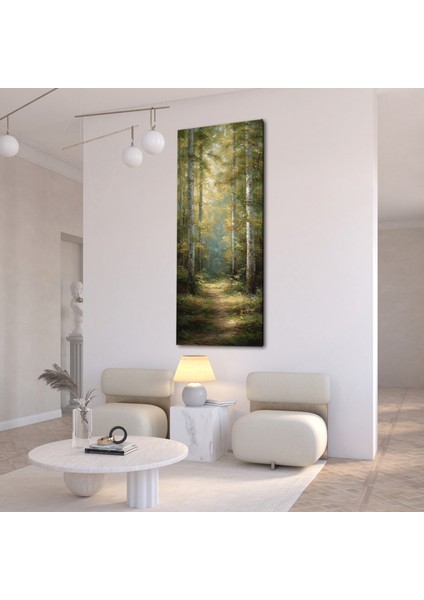 Panoramik Orman Yolu Temalı Kanvas Tablo – Doğal Işık Efektli Dikey Manzara Duvar Dekoru