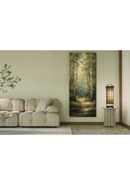 Panoramik Orman Yolu Temalı Kanvas Tablo – Doğal Işık Efektli Dikey Manzara Duvar Dekoru fiyatları