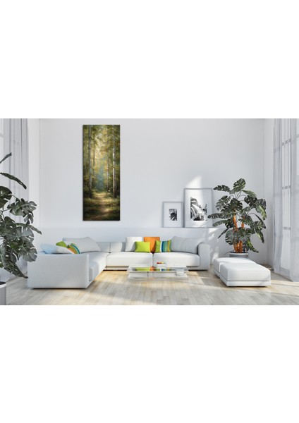 Panoramik Orman Yolu Temalı Kanvas Tablo – Doğal Işık Efektli Dikey Manzara Duvar Dekoru modelleri