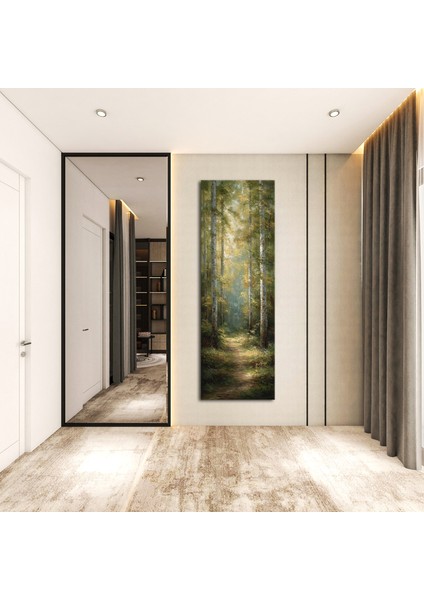 Panoramik Orman Yolu Temalı Kanvas Tablo – Doğal Işık Efektli Dikey Manzara Duvar Dekoru fırsatları