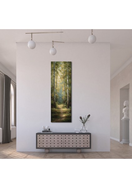 Panoramik Orman Yolu Temalı Kanvas Tablo – Doğal Işık Efektli Dikey Manzara Duvar Dekoru indirimleri