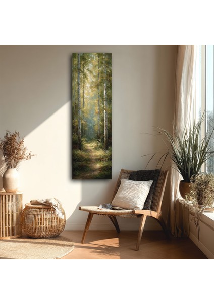 Panoramik Orman Yolu Temalı Kanvas Tablo – Doğal Işık Efektli Dikey Manzara Duvar Dekoru