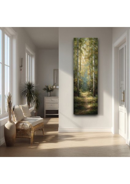 Panoramik Orman Yolu Temalı Kanvas Tablo – Doğal Işık Efektli Dikey Manzara Duvar Dekoru