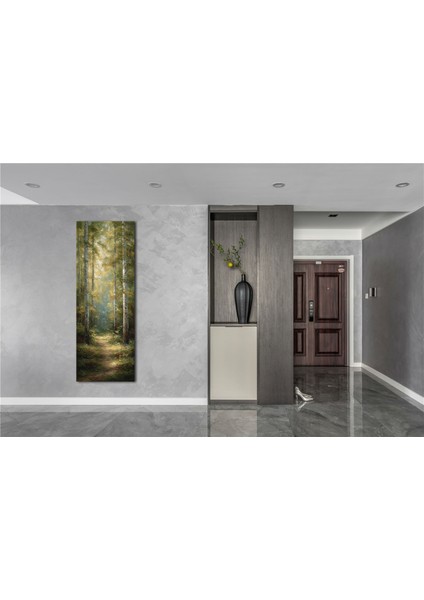 Panoramik Orman Yolu Temalı Kanvas Tablo – Doğal Işık Efektli Dikey Manzara Duvar Dekoru