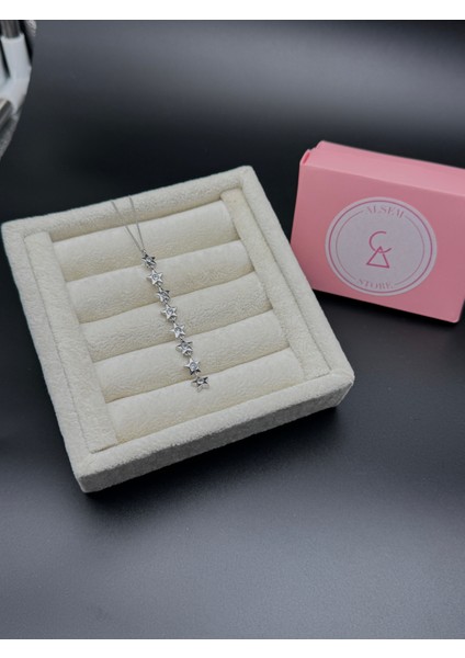 925 Ayar Gümüş Kaplama Yıldızlı Y Kolye , Zincirli Yıldız Detaylı Gümüş Kaplama Kadın Kolye