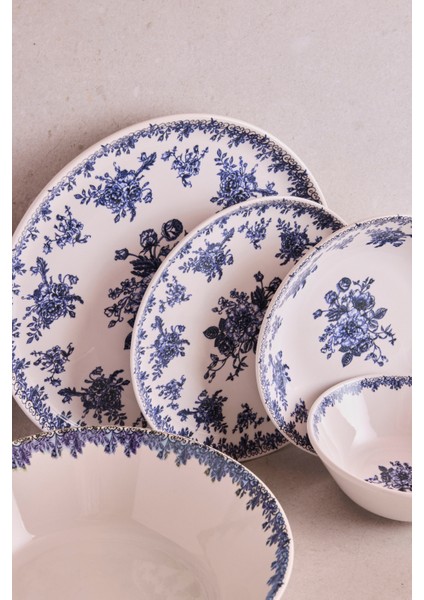 Antik Mavi 27 Parça 6 Kişilik Seramik Yemek Takımı Vintage Mavi Çiçekli Yuvarlak Servis Seti indirimleri