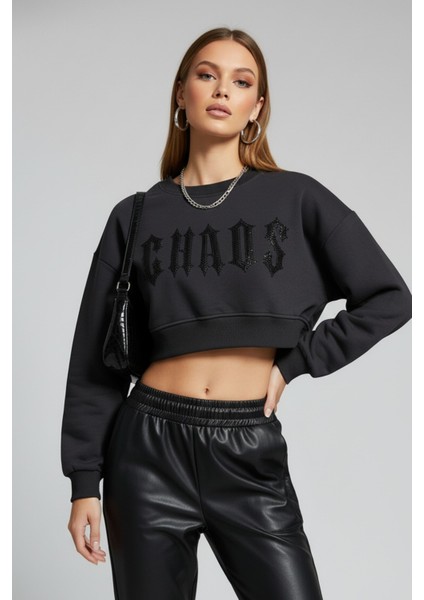 Kadın Antrasit Crop Sweatshirt , Yeni Sezon Pamuklu Yazı Detaylı Kadın Sweatshirt