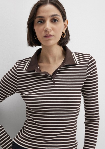 1613836-91456 Çizgili Kahverengi Polo Tişört