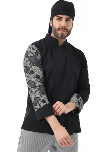 Erkek Likralı Kol Desenli Aşçı Ceket - 6403 Siyah Kuru Kafa