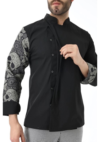 Erkek Likralı Kol Desenli Aşçı Ceket - 6403 Siyah Kuru Kafa modelleri