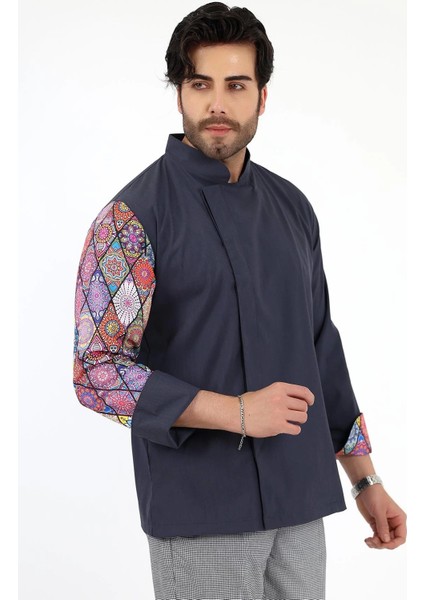 Erkek Likralı Kol Desenli Aşçı Ceket - 6417 Füme Çini