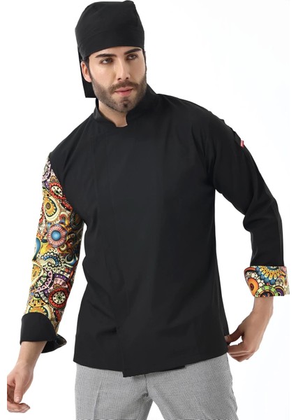 Erkek Likralı Kol Desenli Aşçı Ceket - 6403 Siyah Renkli Daire