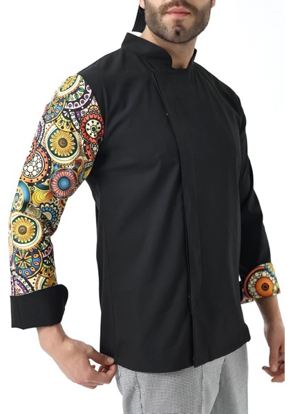 Erkek Likralı Kol Desenli Aşçı Ceket - 6403 Siyah Renkli Daire modelleri