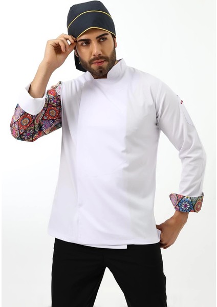 Erkek Likralı Kol Desenli Aşçı Ceket - 6401 Beyaz Çini