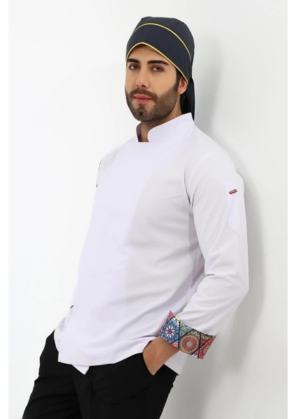 Erkek Likralı Kol Desenli Aşçı Ceket - 6401 Beyaz Çini modelleri
