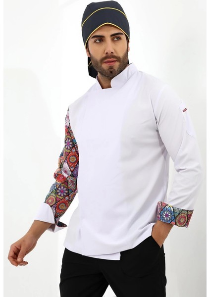 Erkek Likralı Kol Desenli Aşçı Ceket - 6401 Beyaz Çini fırsatları