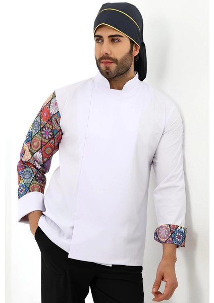 Erkek Likralı Kol Desenli Aşçı Ceket - 6401 Beyaz Çini indirimleri