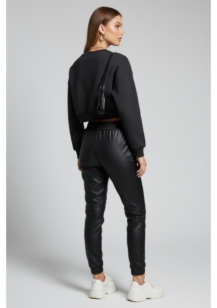 Kadın Antrasit Crop Sweatshirt , Yeni Sezon Pamuklu Yazı Detaylı Kadın Sweatshirt fiyatları