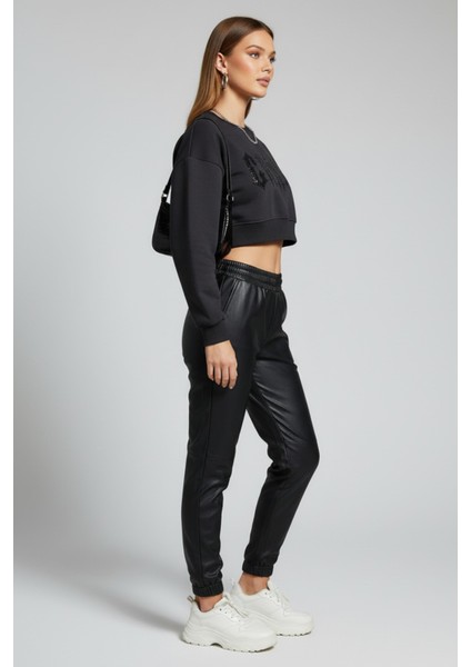 Kadın Antrasit Crop Sweatshirt , Yeni Sezon Pamuklu Yazı Detaylı Kadın Sweatshirt modelleri