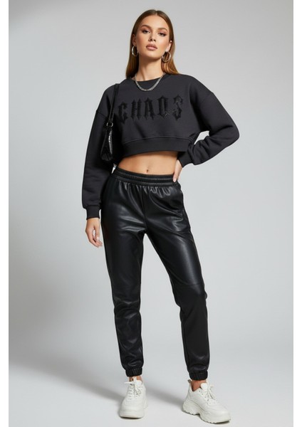 Kadın Antrasit Crop Sweatshirt , Yeni Sezon Pamuklu Yazı Detaylı Kadın Sweatshirt fırsatları
