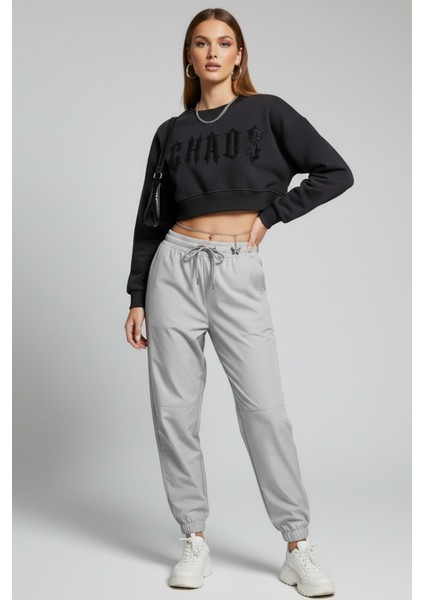 Kadın Antrasit Crop Sweatshirt , Yeni Sezon Pamuklu Yazı Detaylı Kadın Sweatshirt indirimleri