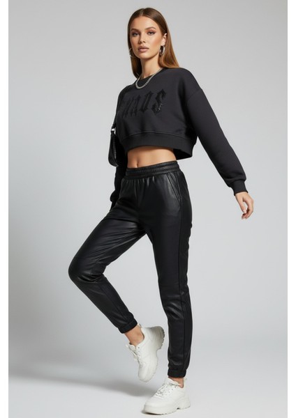 Kadın Antrasit Crop Sweatshirt , Yeni Sezon Pamuklu Yazı Detaylı Kadın Sweatshirt