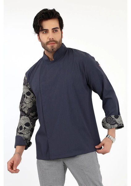 Erkek Likralı Kol Desenli Aşçı Ceket - 6417 Füme Kuru Kafa