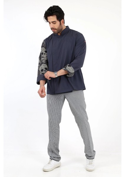 Erkek Likralı Kol Desenli Aşçı Ceket - 6417 Füme Kuru Kafa indirimleri