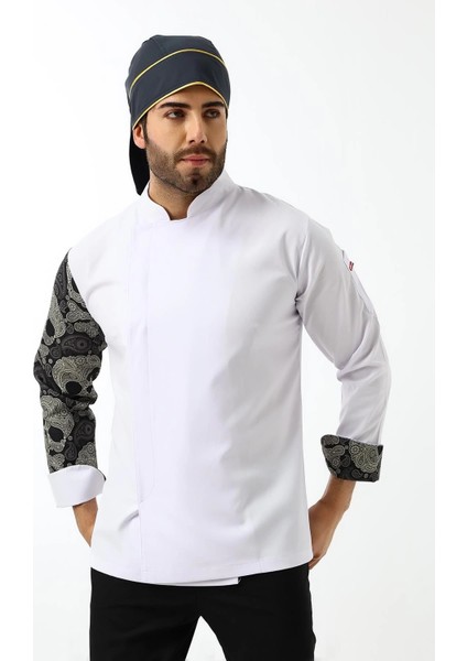 Erkek Likralı Kol Desenli Aşçı Ceket - 6401 Beyaz Kuru Kafa