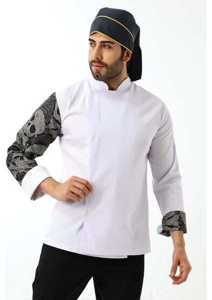 Erkek Likralı Kol Desenli Aşçı Ceket - 6401 Beyaz Kuru Kafa modelleri