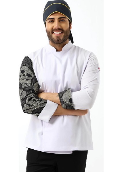 Erkek Likralı Kol Desenli Aşçı Ceket - 6401 Beyaz Kuru Kafa fırsatları