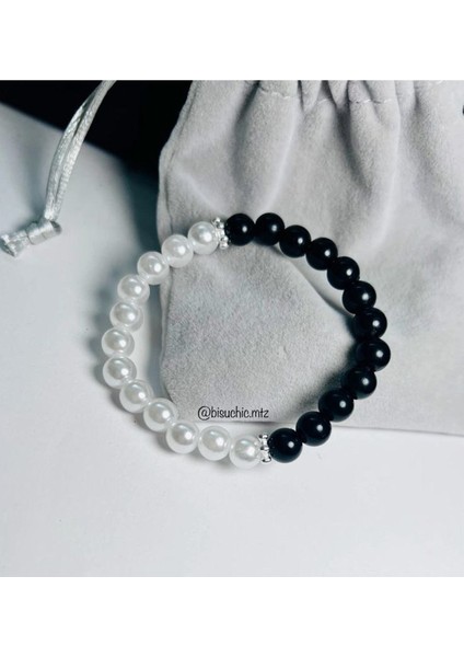 Kadın Siyah Beyaz Incili Model Zarif Bileklik