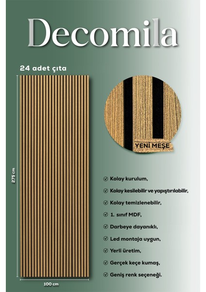 Mdf Ahşap Akustik Duvar Paneli 100X275 cm - Yeni Meşe