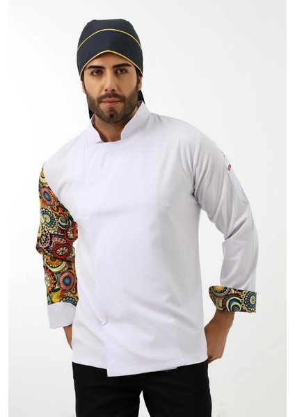 Erkek Likralı Kol Desenli Aşçı Ceket - 6401 Beyaz Renkli Daire