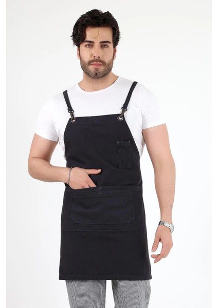 Barista Askılı Önlük Çift Cepli - Füme
