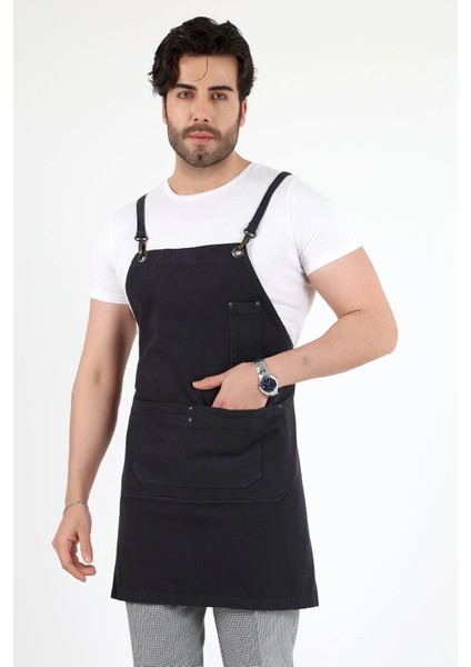 Barista Askılı Önlük Çift Cepli - Füme modelleri