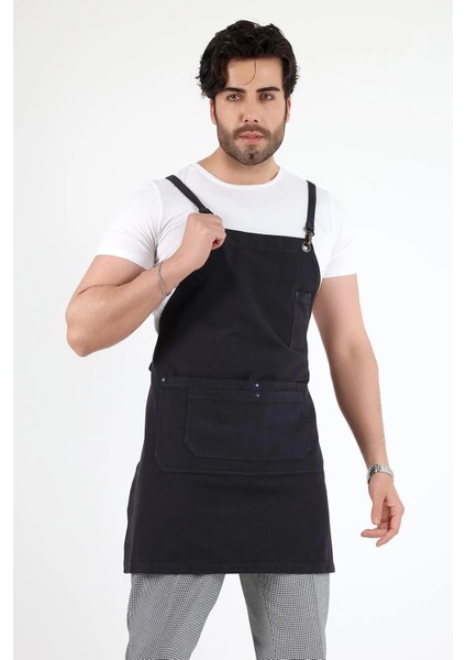 Barista Askılı Önlük Çift Cepli - Füme indirimleri