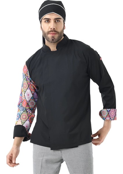 Erkek Likralı Kol Desenli Aşçı Ceket - 6403 Siyah Çini