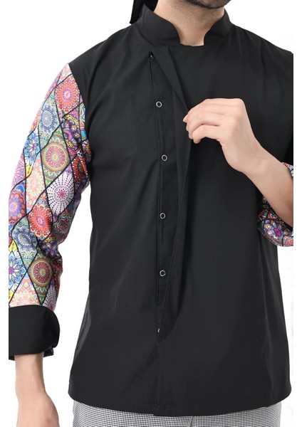 Erkek Likralı Kol Desenli Aşçı Ceket - 6403 Siyah Çini modelleri