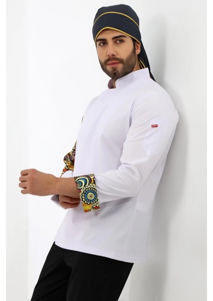 Erkek Likralı Kol Desenli Aşçı Ceket - 6401 Beyaz Renkli Daire fırsatları