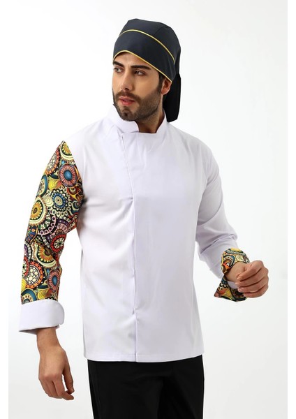 Erkek Likralı Kol Desenli Aşçı Ceket - 6401 Beyaz Renkli Daire indirimleri