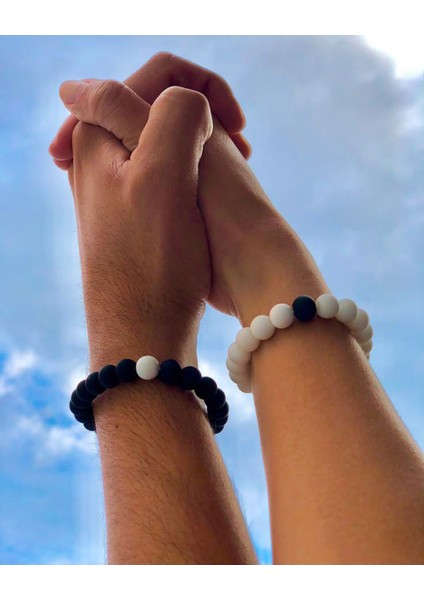 2'li Siyah Beyaz Inci Boncuklu Sevgili/çift Bilekliği Seti