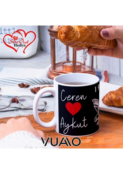 Siyah Beyaz 1903 Kartal Desenli Kişiye Özel Isim ve Fotoğraf Baskılı Hediyelik Kupa Bardak - T8