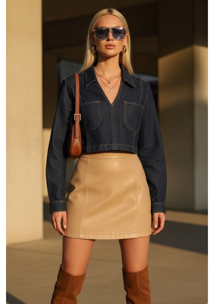 Kadın V Yaka Lacivert Kot Denim Uzun Kollu Crop Jean Bluz - Kadın Bluz