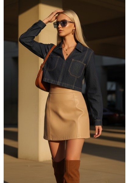 Kadın V Yaka Lacivert Kot Denim Uzun Kollu Crop Jean Bluz - Kadın Bluz fiyatları