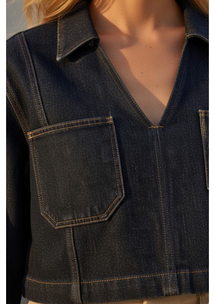 Kadın V Yaka Lacivert Kot Denim Uzun Kollu Crop Jean Bluz - Kadın Bluz fırsatları