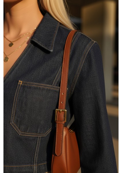 Kadın V Yaka Lacivert Kot Denim Uzun Kollu Crop Jean Bluz - Kadın Bluz indirimleri